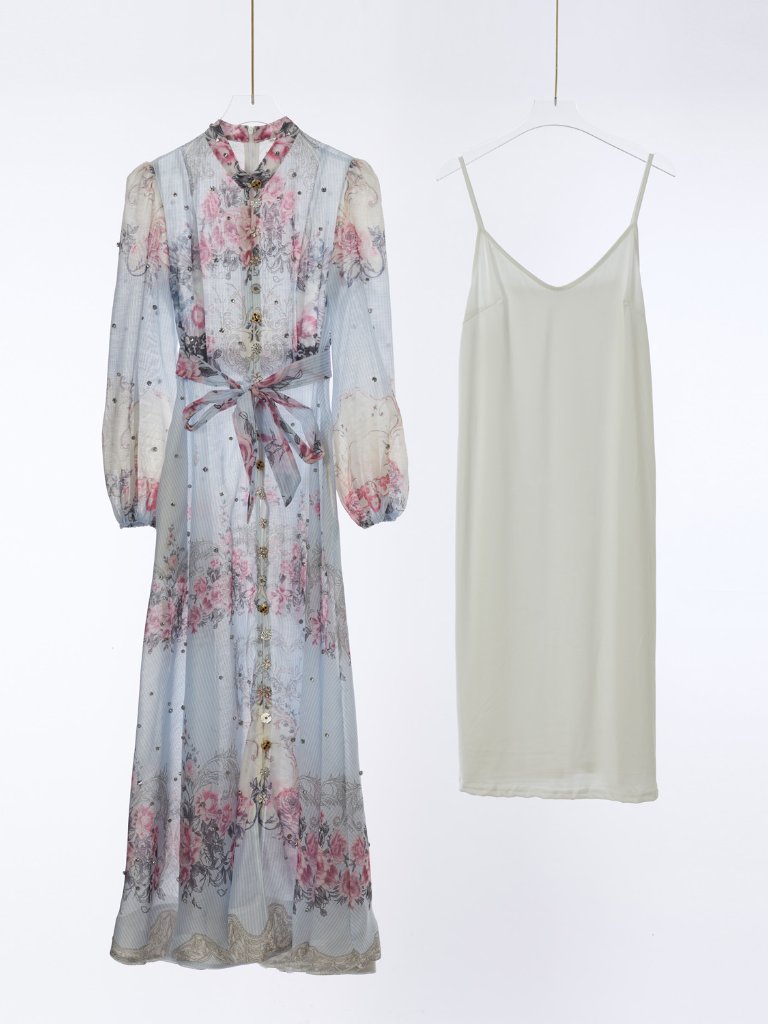 Zimmermann Blue Floral Maxi Dress Two Piece Long Sleeve Tie Waist Slip Liner